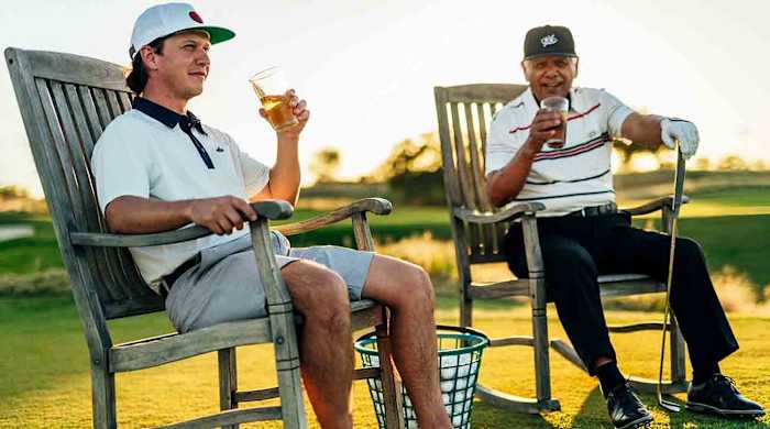 Daniel Trevino and father Lee Trevino model Super Mex Golf apparel.